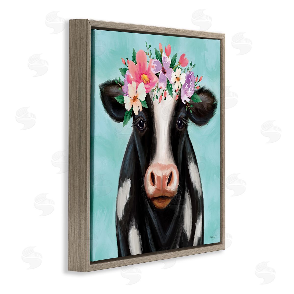 Cow with Pastel Flowers Brown Floating Frame Canvas Wall Art, Home Decor by Elizabeth Tyndall