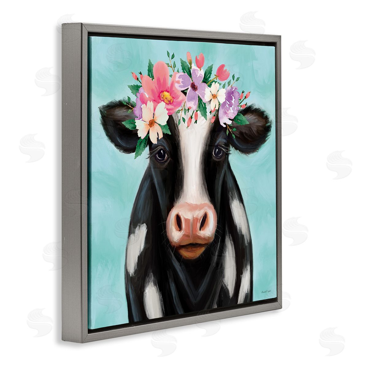 Cow with Pastel Flowers Grey Floating Frame Canvas Wall Art, Home Decor by Elizabeth Tyndall