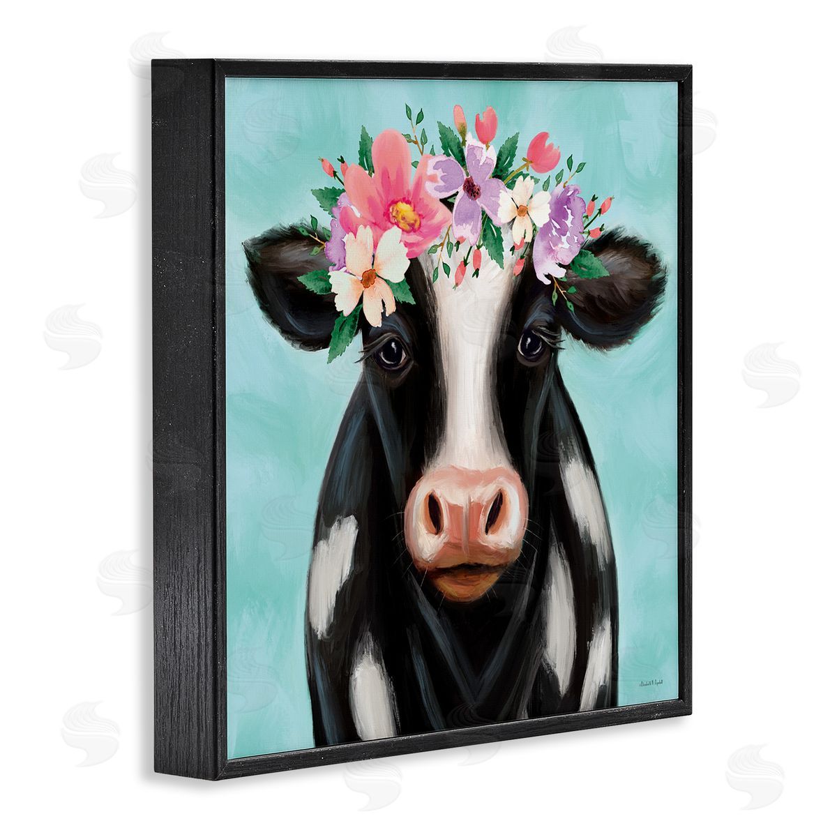 Cow with Pastel Flowers Black Frame Print Wall Art, Home Decor by Elizabeth Tyndall
