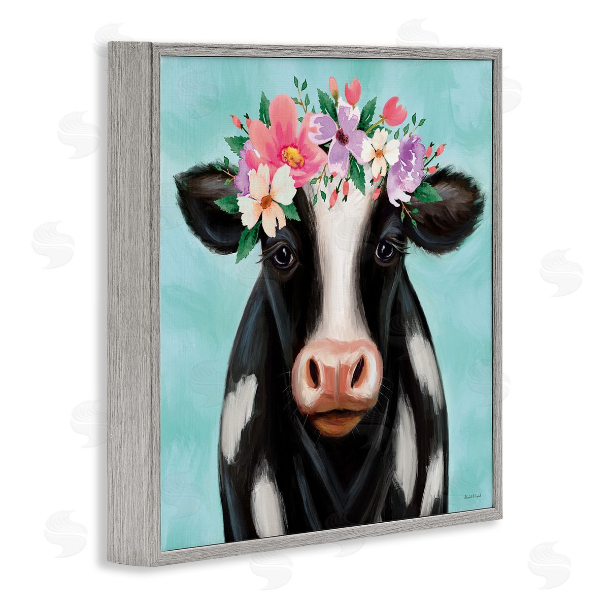 Cow with Pastel Flowers Grey Frame Print Wall Art, Home Decor by Elizabeth Tyndall