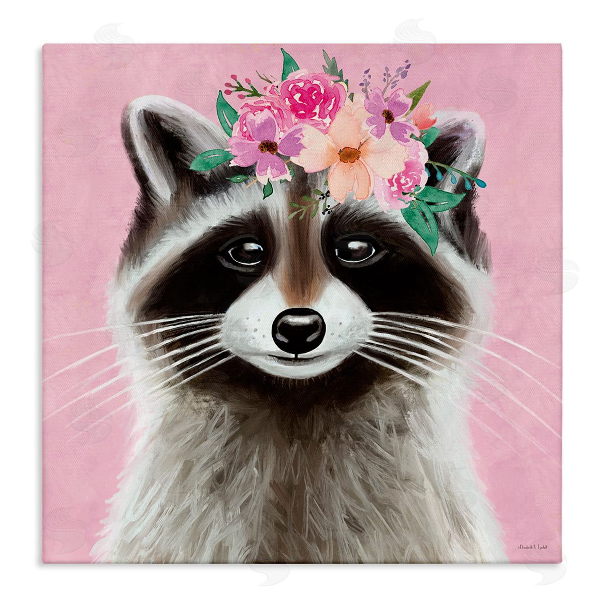 Pink Florals Raccoon Canvas Wall Art, Home Decor by Elizabeth Tyndall