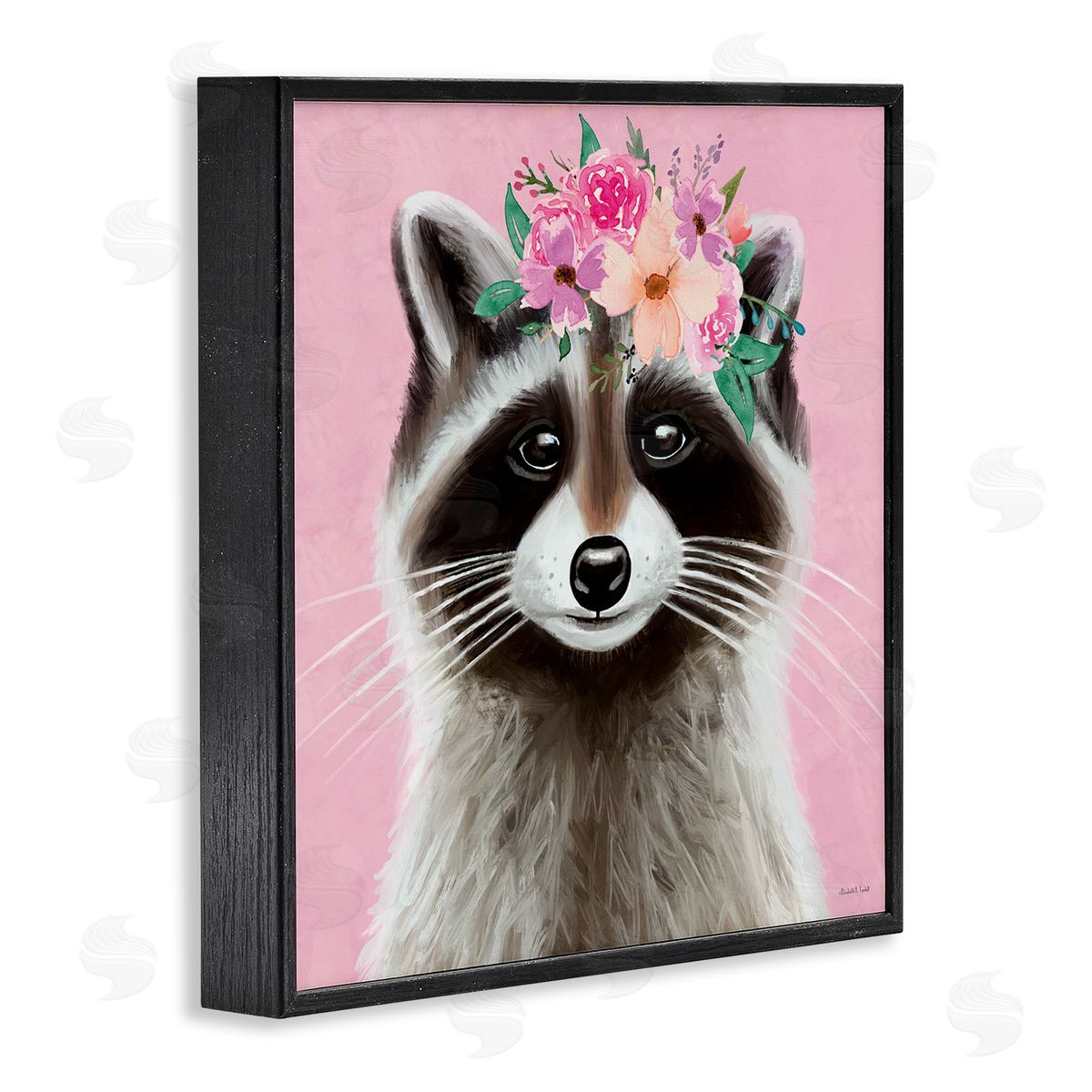 Pink Florals Raccoon Black Frame Print Wall Art, Home Decor by Elizabeth Tyndall