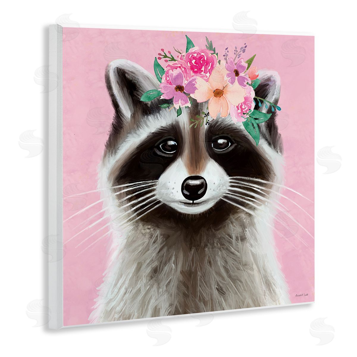 Pink Florals Raccoon Wood Plaque Wall Art, Home Decor by Elizabeth Tyndall