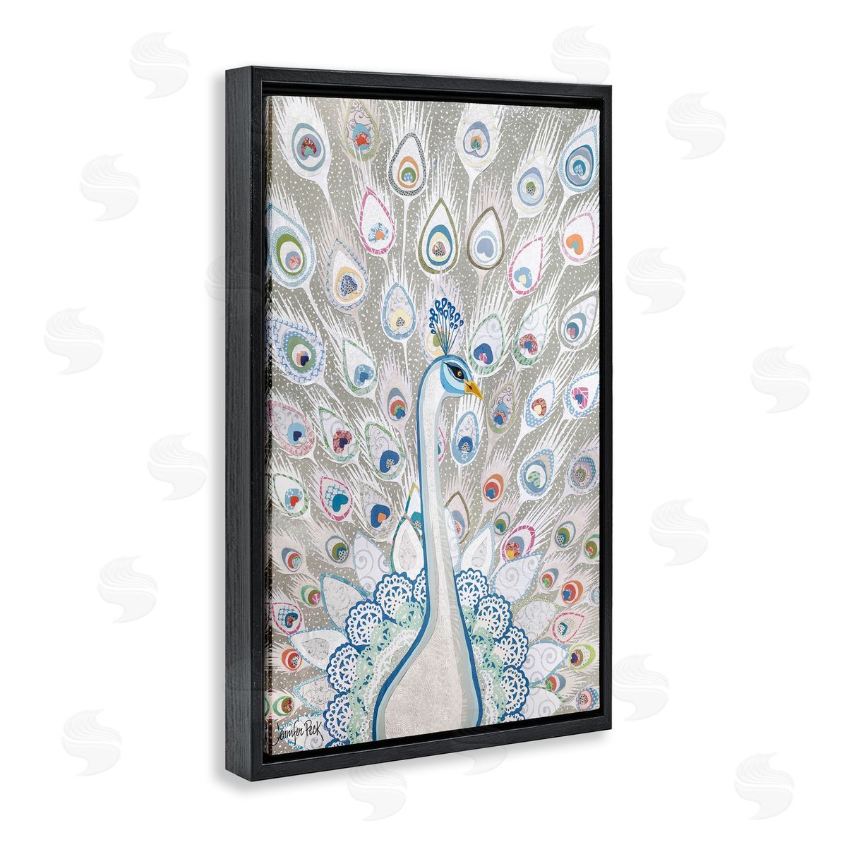 Neutral Peacock Tail Pattern Black Floating Frame Canvas Wall Art, Home Decor by Jennifer Peck