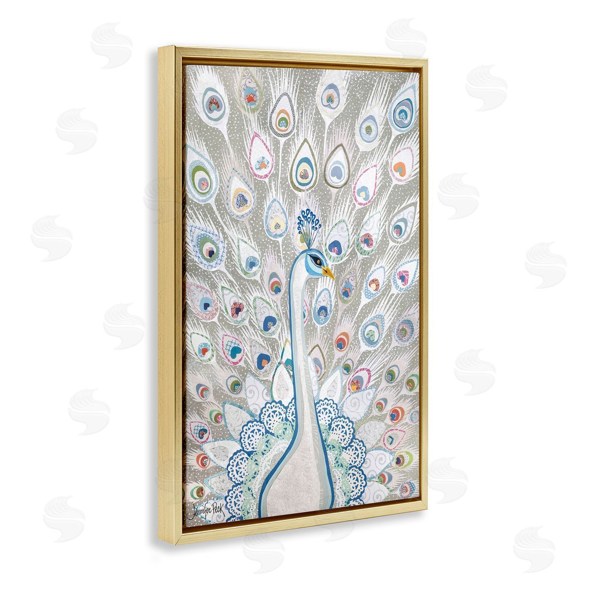 Neutral Peacock Tail Pattern Gold Floating Frame Canvas Wall Art, Home Decor by Jennifer Peck