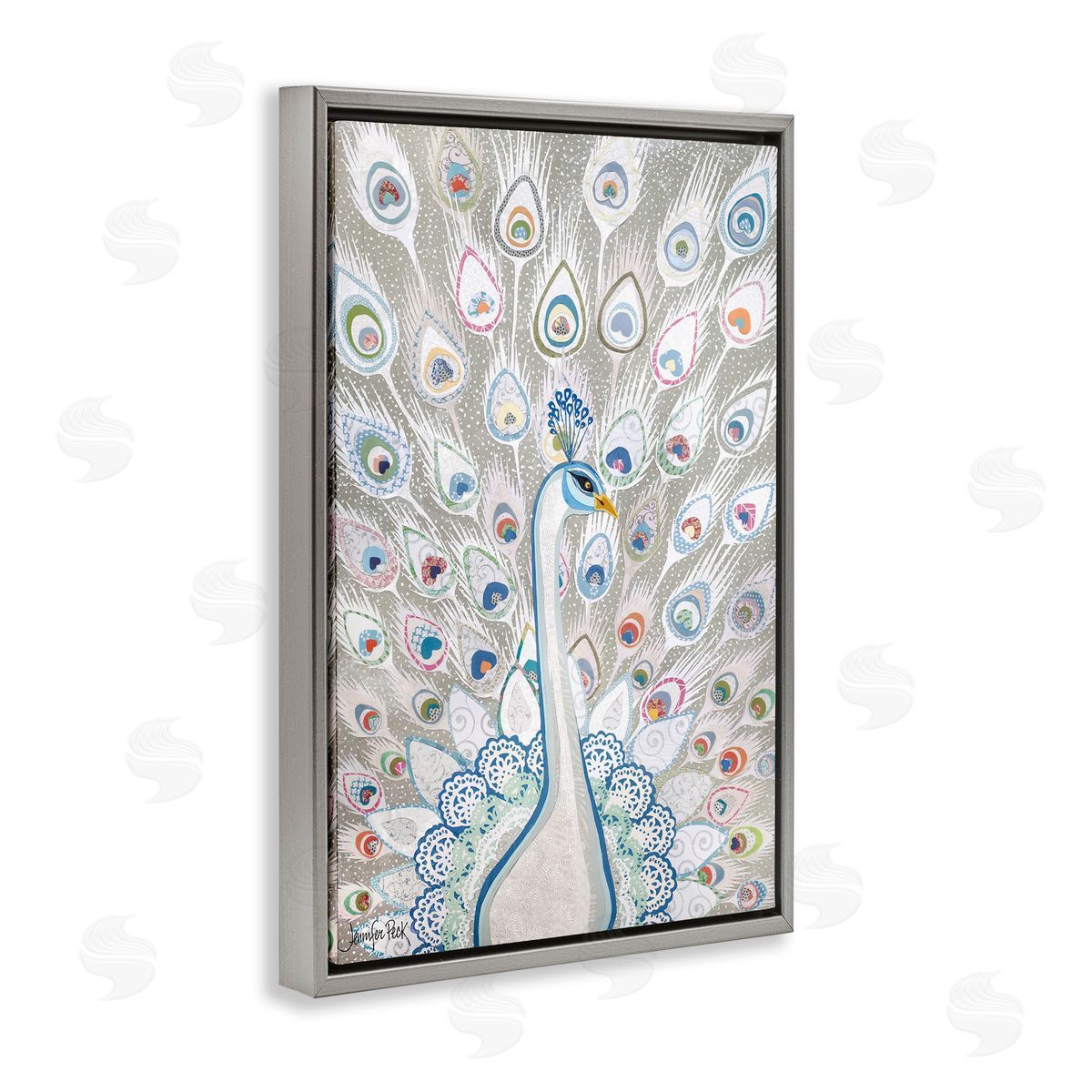 Neutral Peacock Tail Pattern Grey Floating Frame Canvas Wall Art, Home Decor by Jennifer Peck