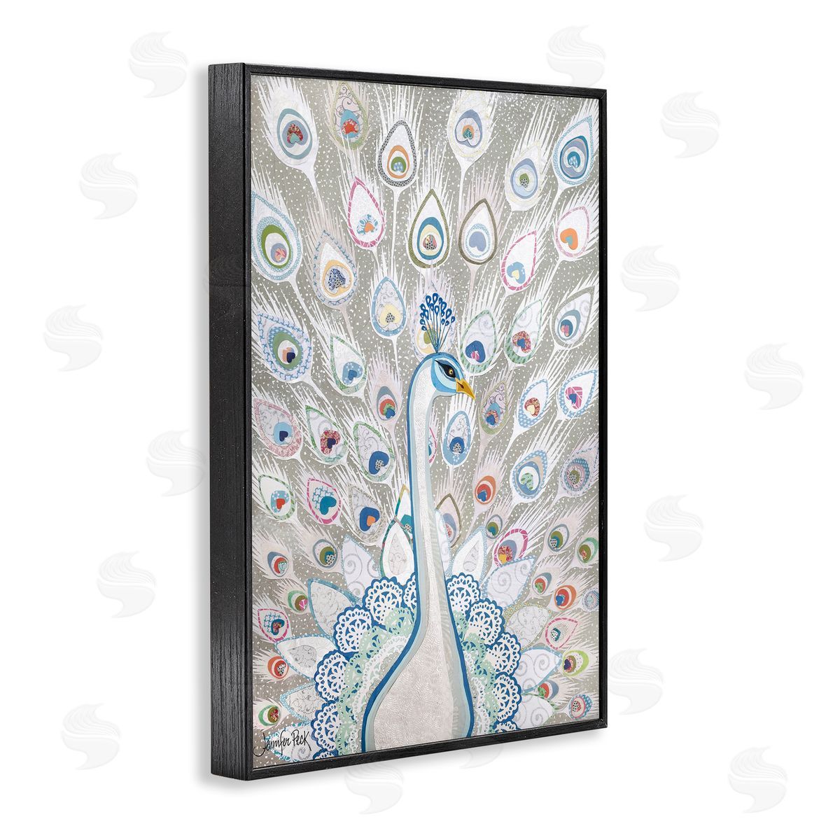 Neutral Peacock Tail Pattern Black Frame Print Wall Art, Home Decor by Jennifer Peck