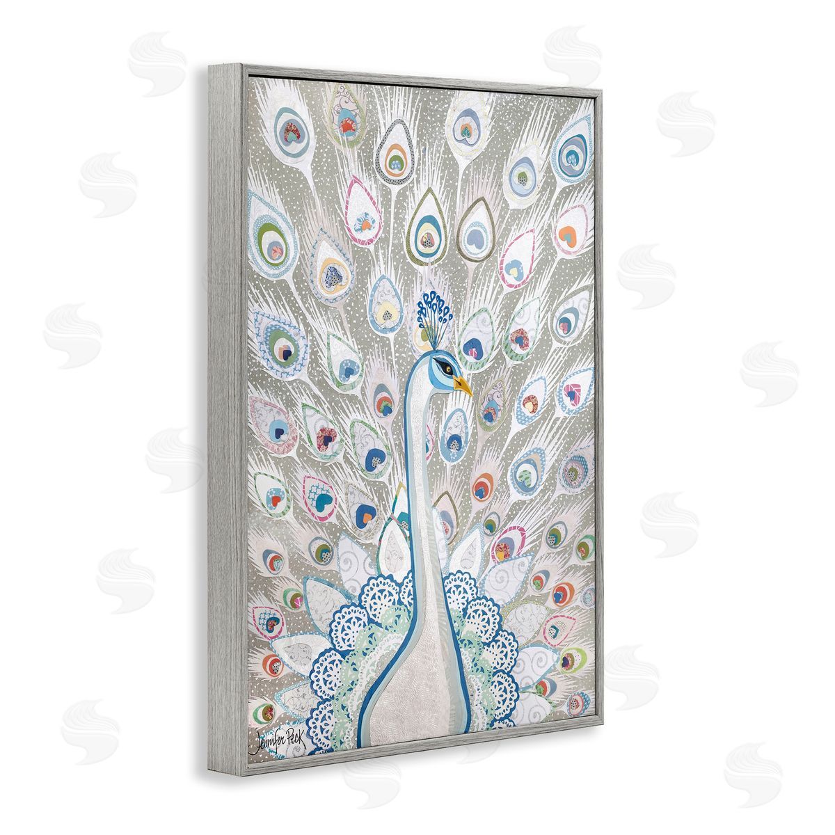 Neutral Peacock Tail Pattern Grey Frame Print Wall Art, Home Decor by Jennifer Peck