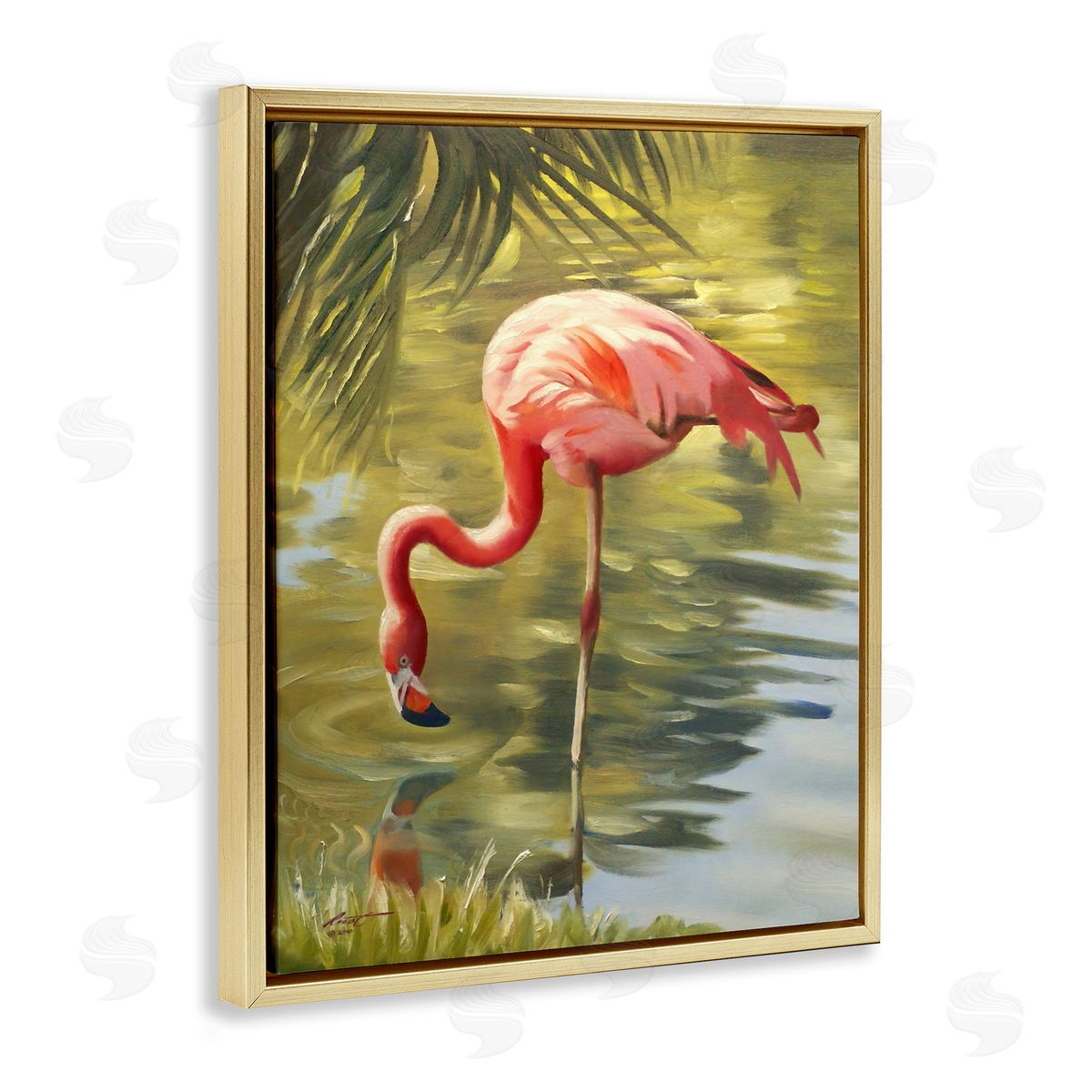 Flamingo Shallow Pond Gold Floating Frame Canvas Wall Art, Home Decor by D. Rust