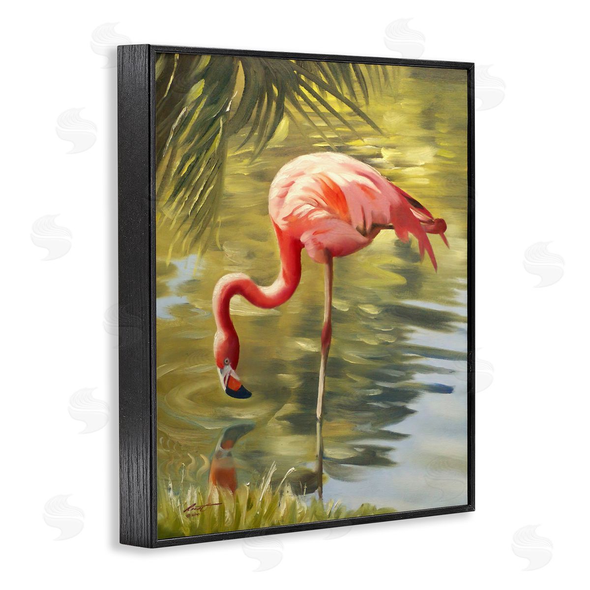 Flamingo Shallow Pond Black Frame Print Wall Art, Home Decor by D. Rust