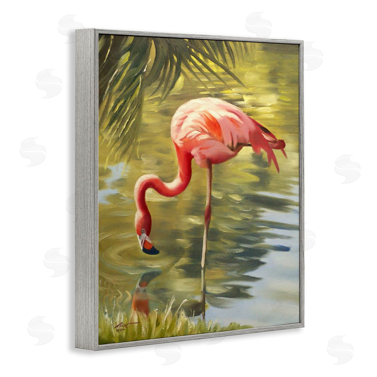 Flamingo Shallow Pond Grey Frame Print Wall Art, Home Decor by D. Rust
