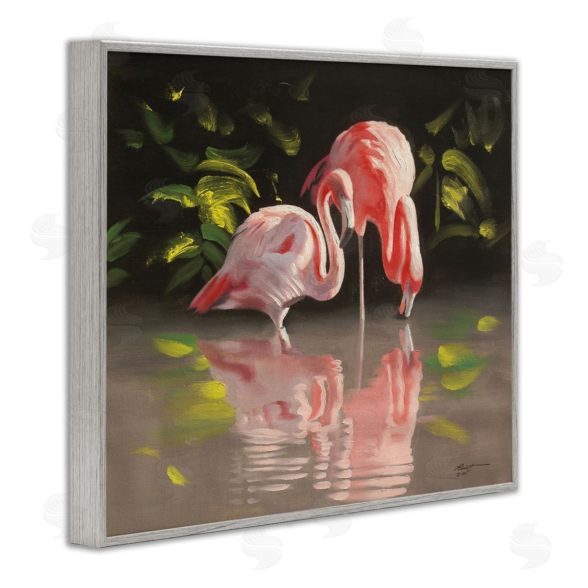 Flamingos with Pond Reflection Grey Frame Print Wall Art, Home Decor by D. Rust
