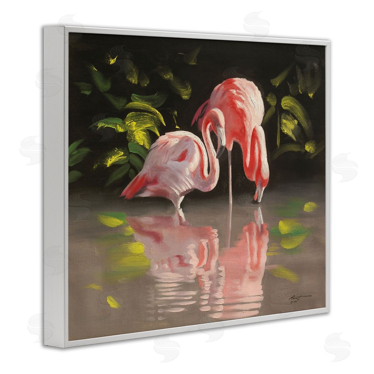 Flamingos with Pond Reflection White Frame Print Wall Art, Home Decor by D. Rust