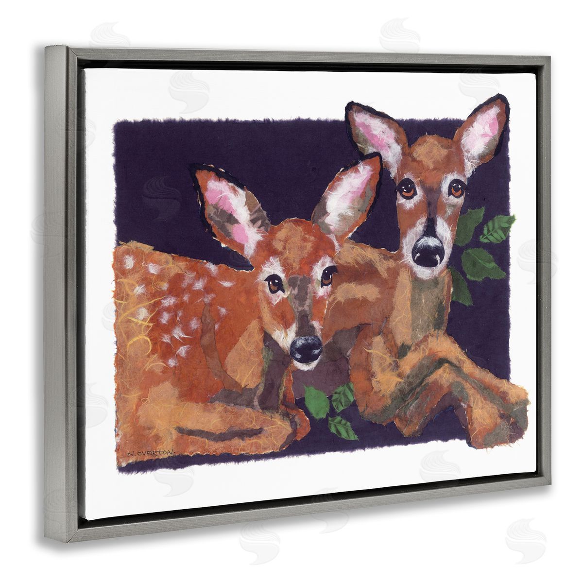 Fawn Siblings Portrait Grey Floating Frame Canvas Wall Art, Home Decor by Nancy Overton