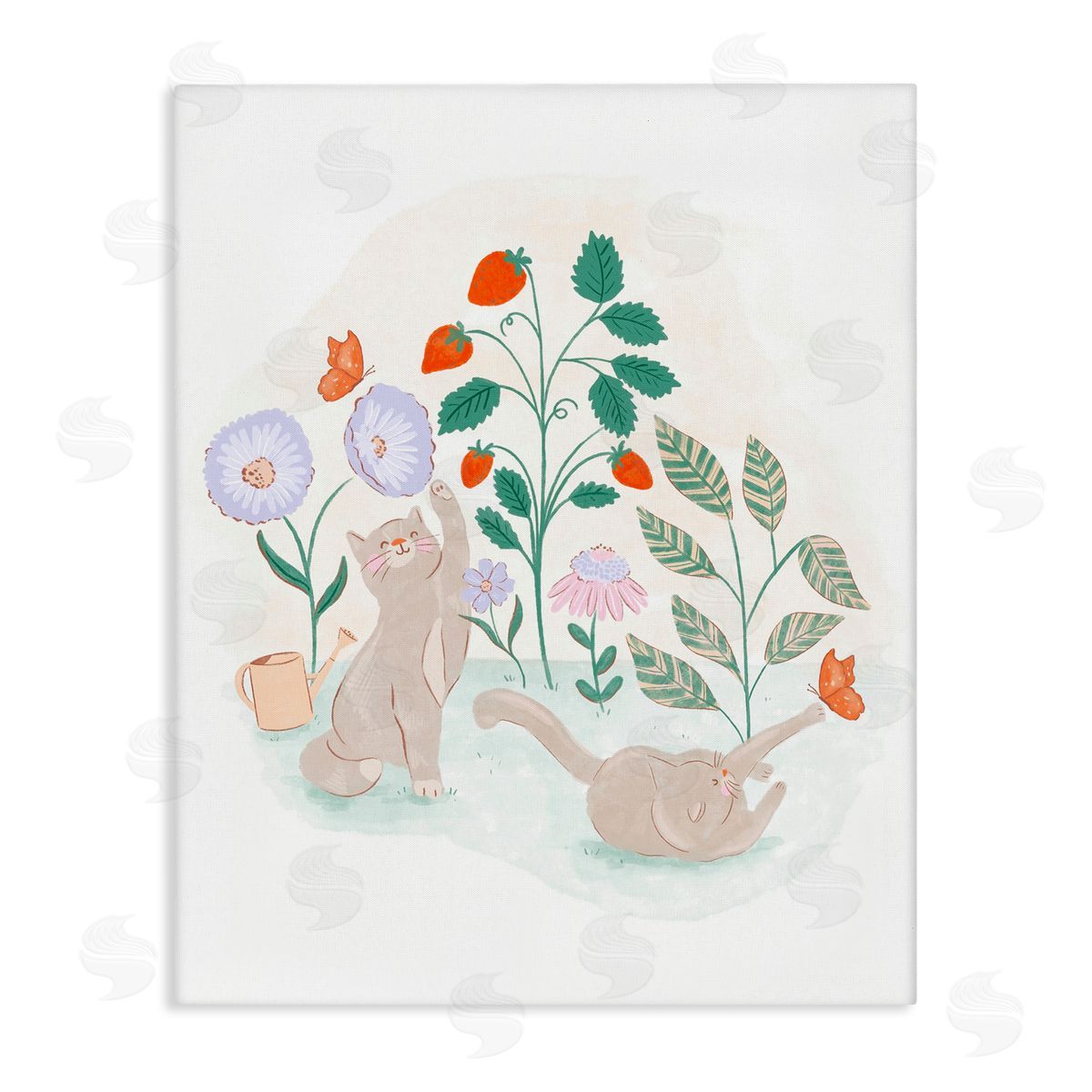 Cats Playing in Garden Canvas Wall Art, Home Decor by Fineapple Pear