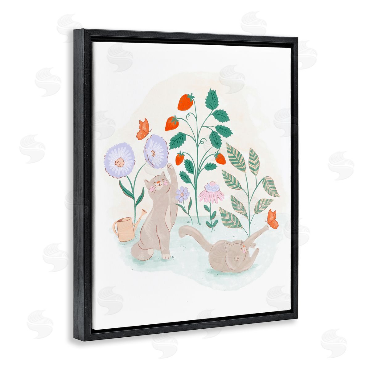 Cats Playing in Garden Black Floating Frame Canvas Wall Art, Home Decor by Fineapple Pear