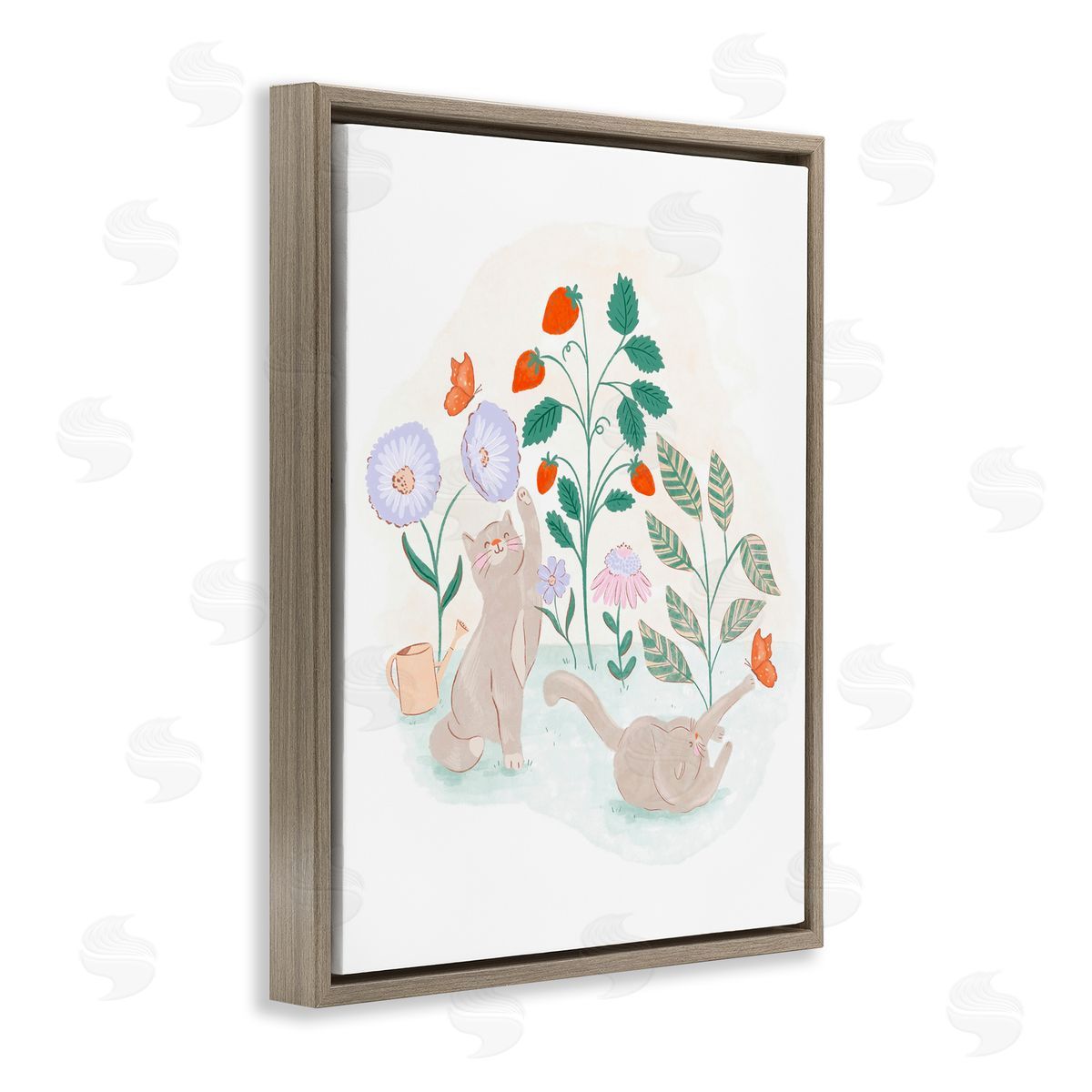 Cats Playing in Garden Brown Floating Frame Canvas Wall Art, Home Decor by Fineapple Pear
