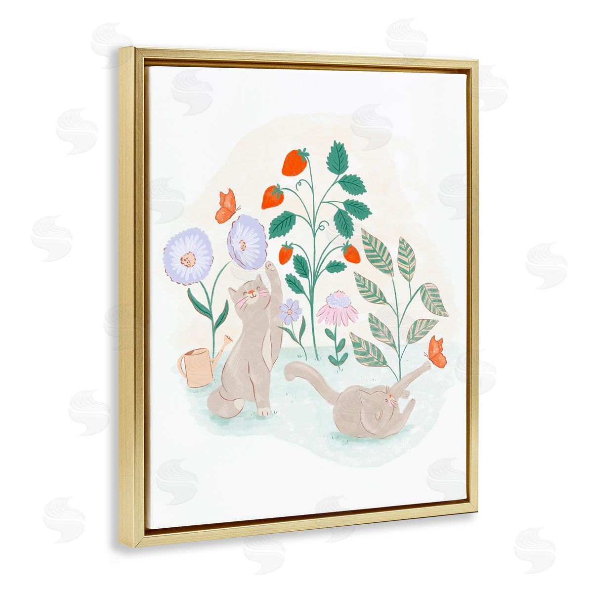 Cats Playing in Garden Gold Floating Frame Canvas Wall Art, Home Decor by Fineapple Pear