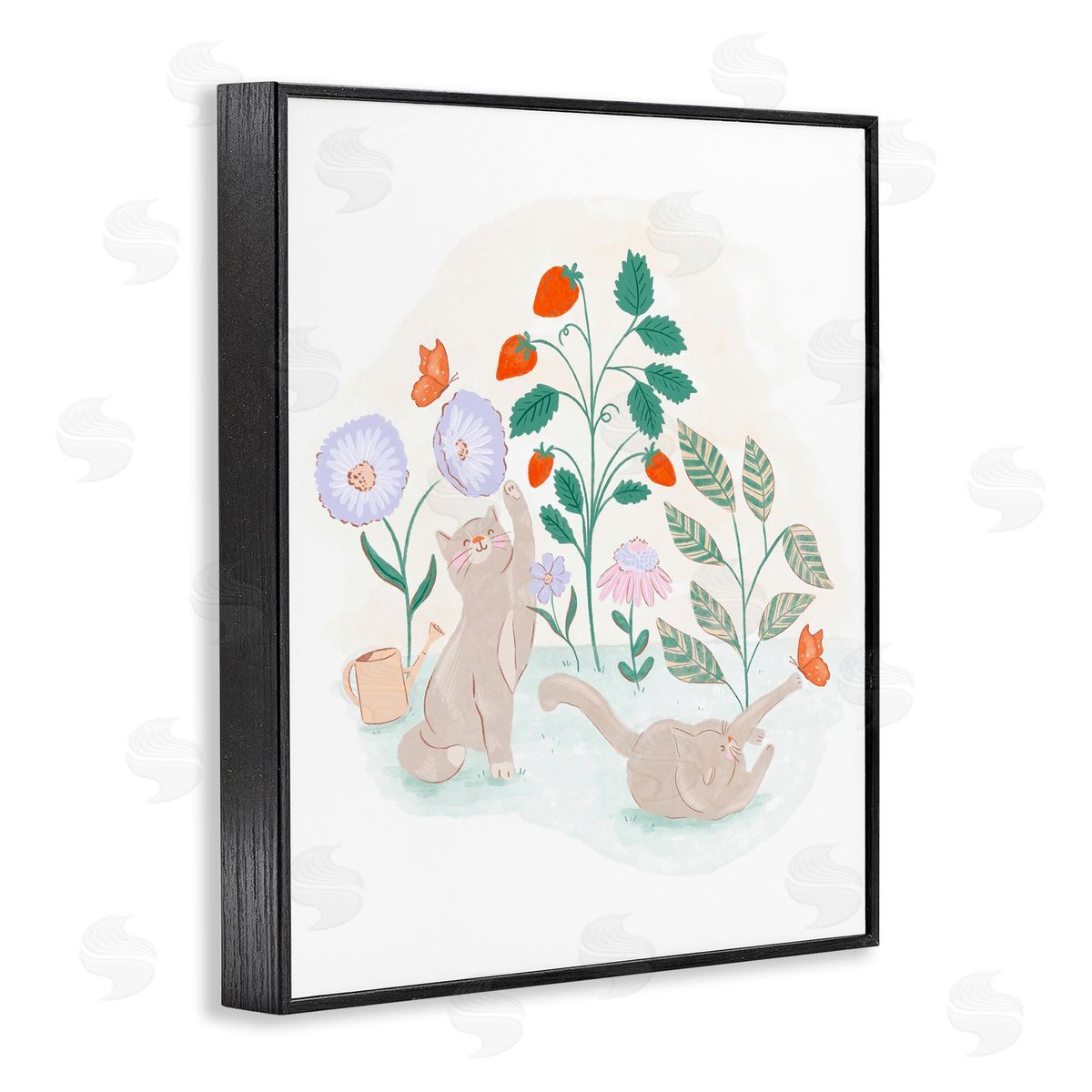 Cats Playing in Garden Black Frame Print Wall Art, Home Decor by Fineapple Pear