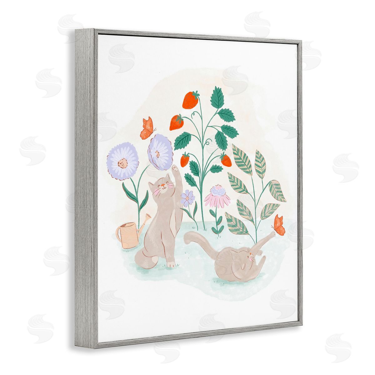 Cats Playing in Garden Grey Frame Print Wall Art, Home Decor by Fineapple Pear