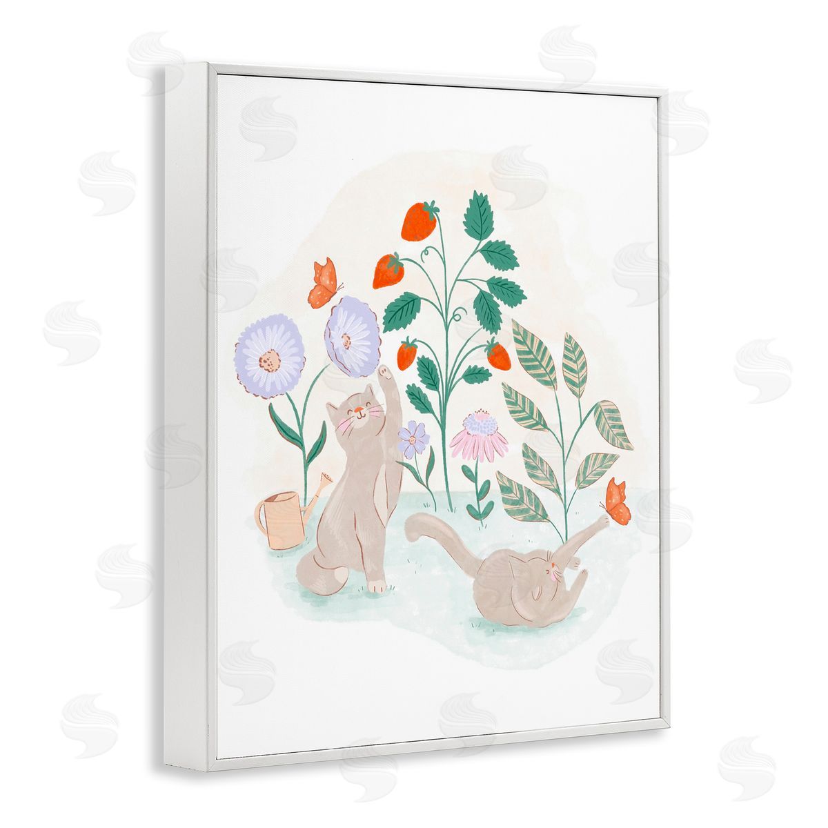 Cats Playing in Garden White Frame Print Wall Art, Home Decor by Fineapple Pear