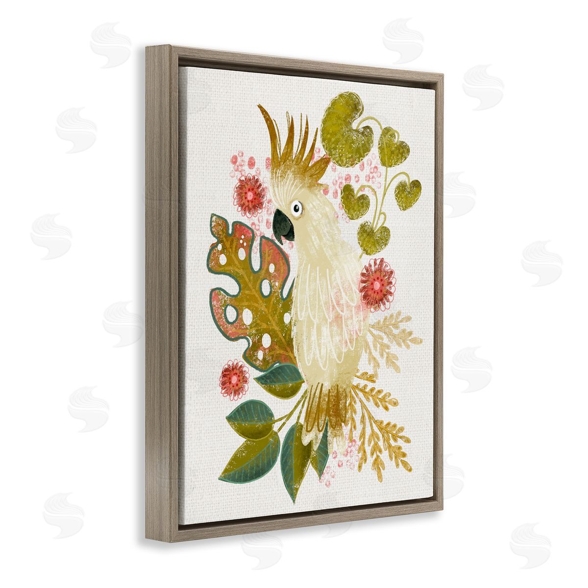 Cockatoo and Tropical Leaves Brown Floating Frame Canvas Wall Art, Home Decor by Fineapple Pear