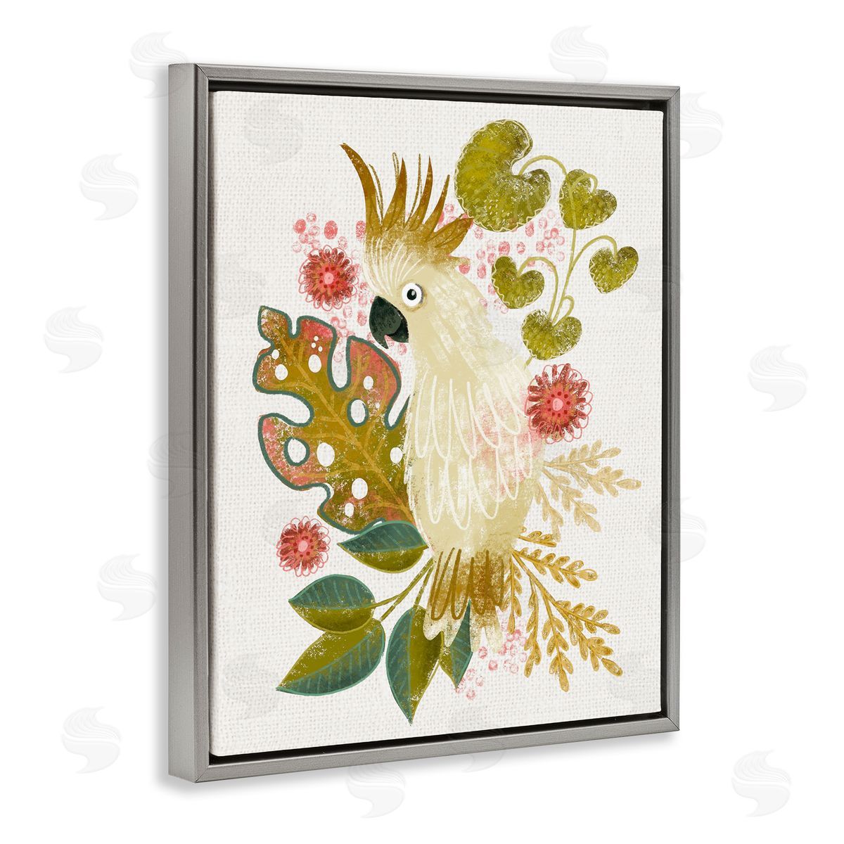 Cockatoo and Tropical Leaves Grey Floating Frame Canvas Wall Art, Home Decor by Fineapple Pear