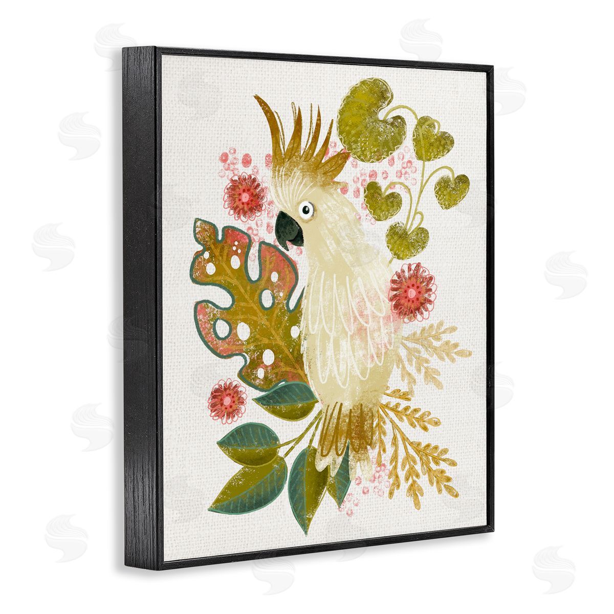 Cockatoo and Tropical Leaves Black Frame Print Wall Art, Home Decor by Fineapple Pear