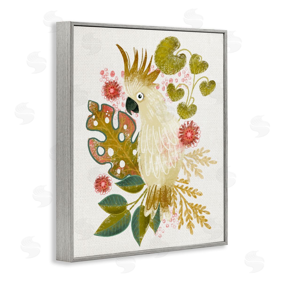Cockatoo and Tropical Leaves Grey Frame Print Wall Art, Home Decor by Fineapple Pear