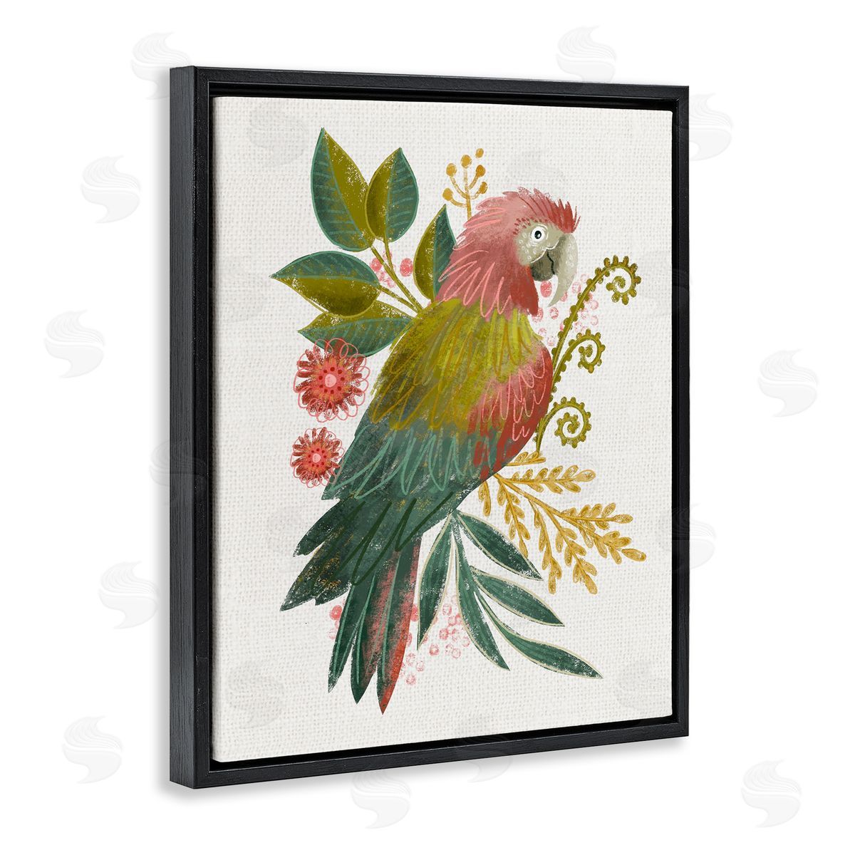 Parrot with Eclectic Leaves Black Floating Frame Canvas Wall Art, Home Decor by Fineapple Pear