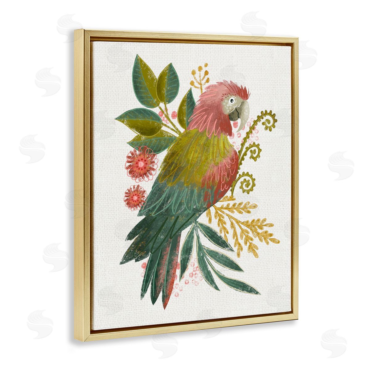 Parrot with Eclectic Leaves Gold Floating Frame Canvas Wall Art, Home Decor by Fineapple Pear
