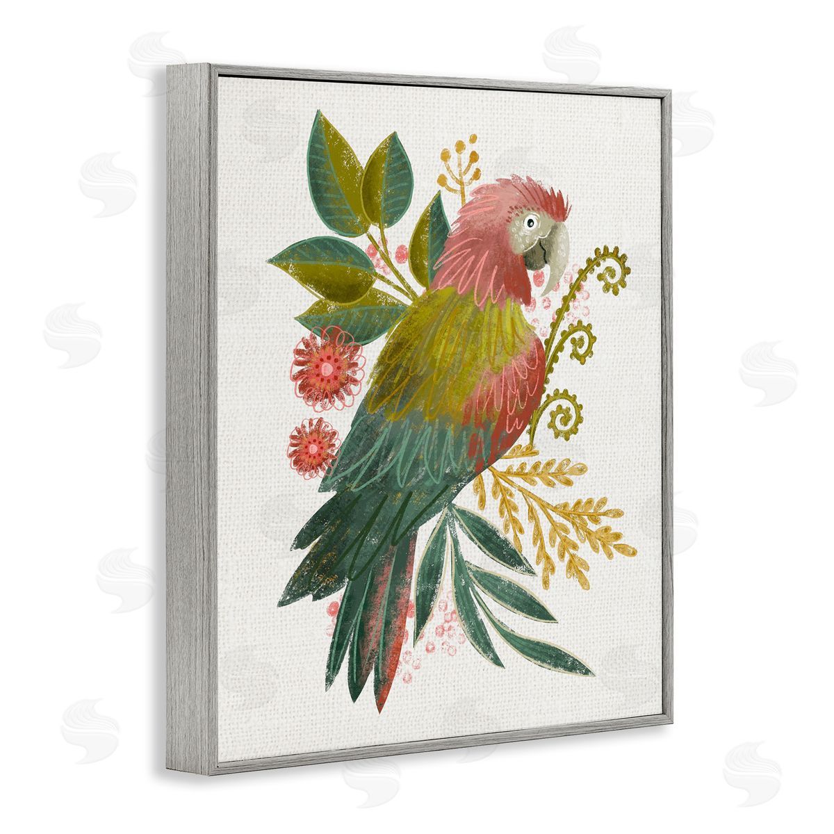 Parrot with Eclectic Leaves Grey Frame Print Wall Art, Home Decor by Fineapple Pear
