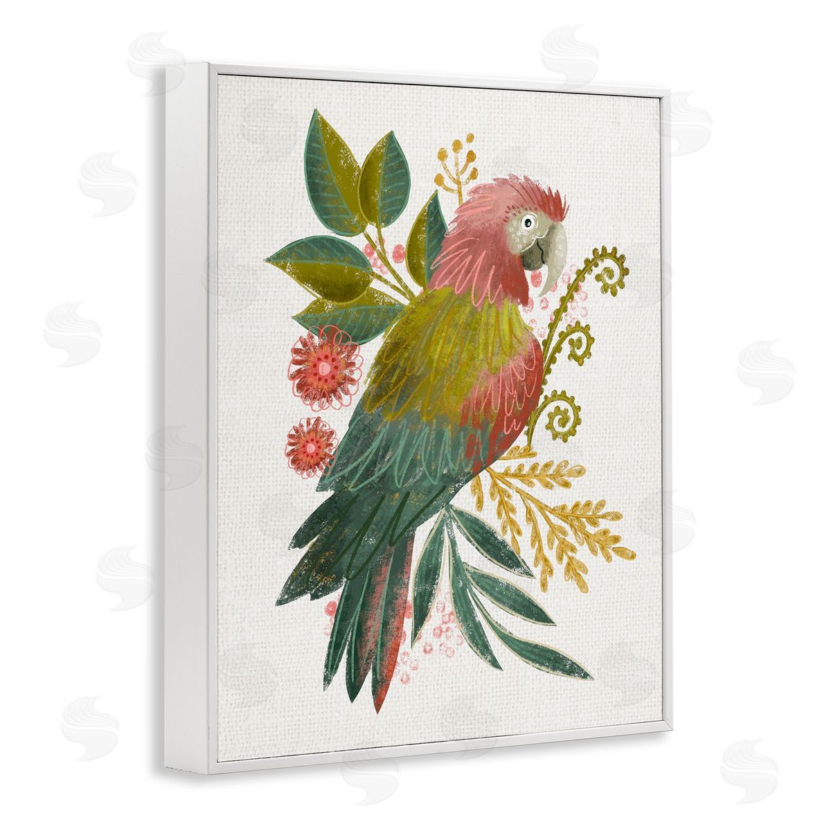 Parrot with Eclectic Leaves White Frame Print Wall Art, Home Decor by Fineapple Pear