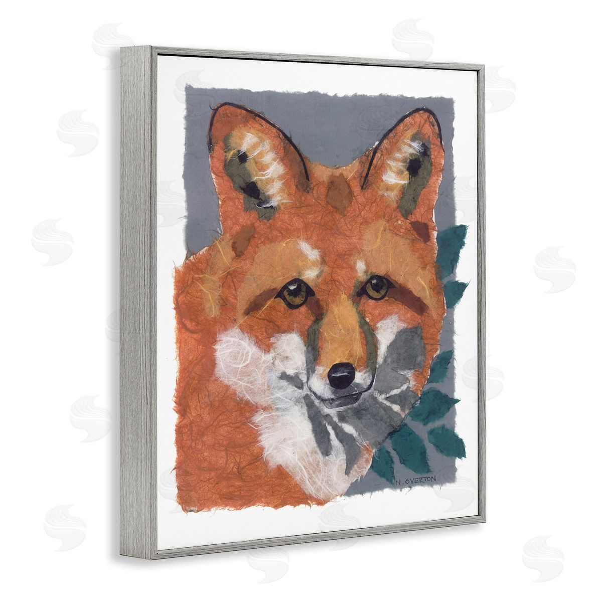 Fox with Opaque Leaves Grey Frame Print Wall Art, Home Decor by Nancy Overton