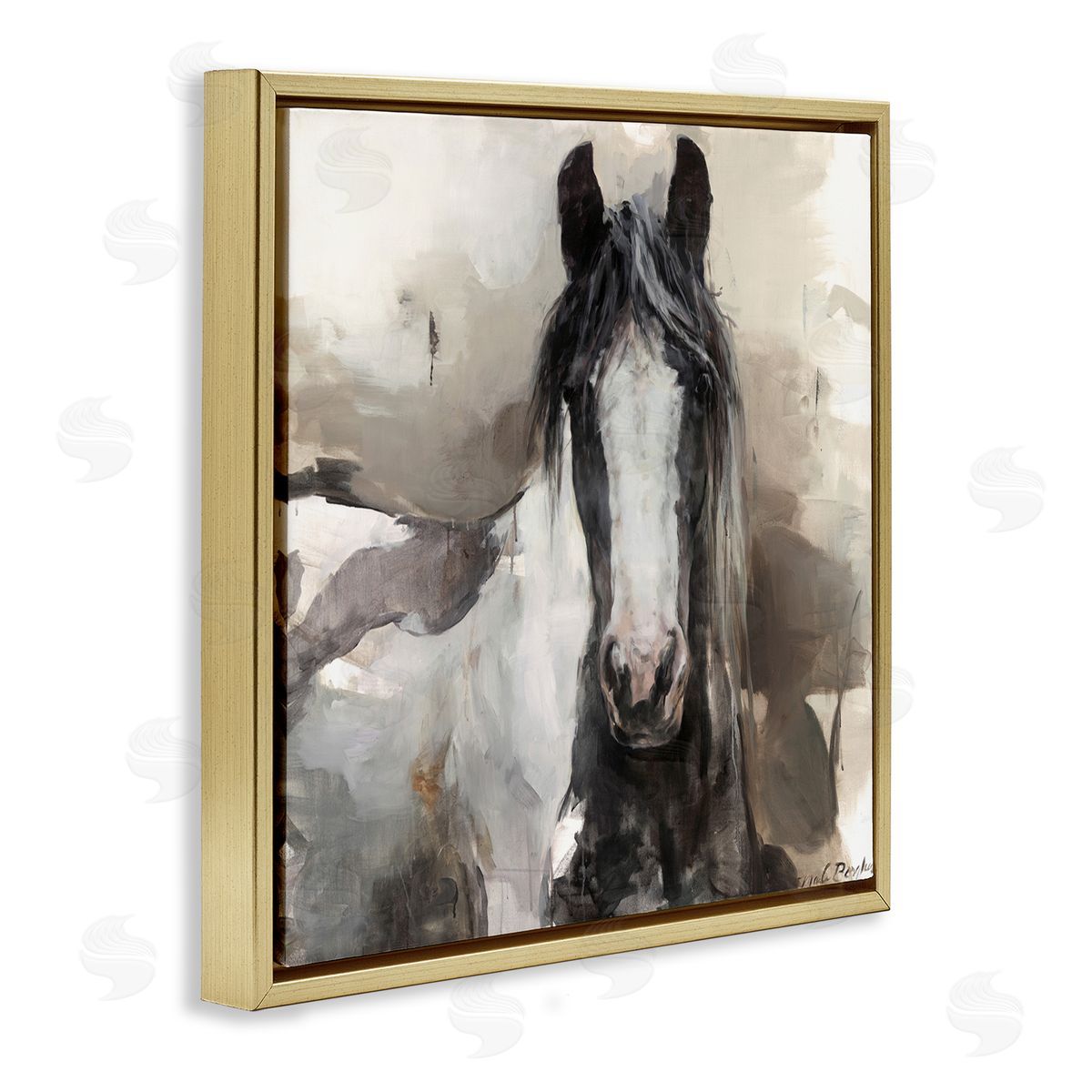 Grey and Beige Horse Abstract Gold Floating Frame Canvas Wall Art, Home Decor by Marilyn Borglum