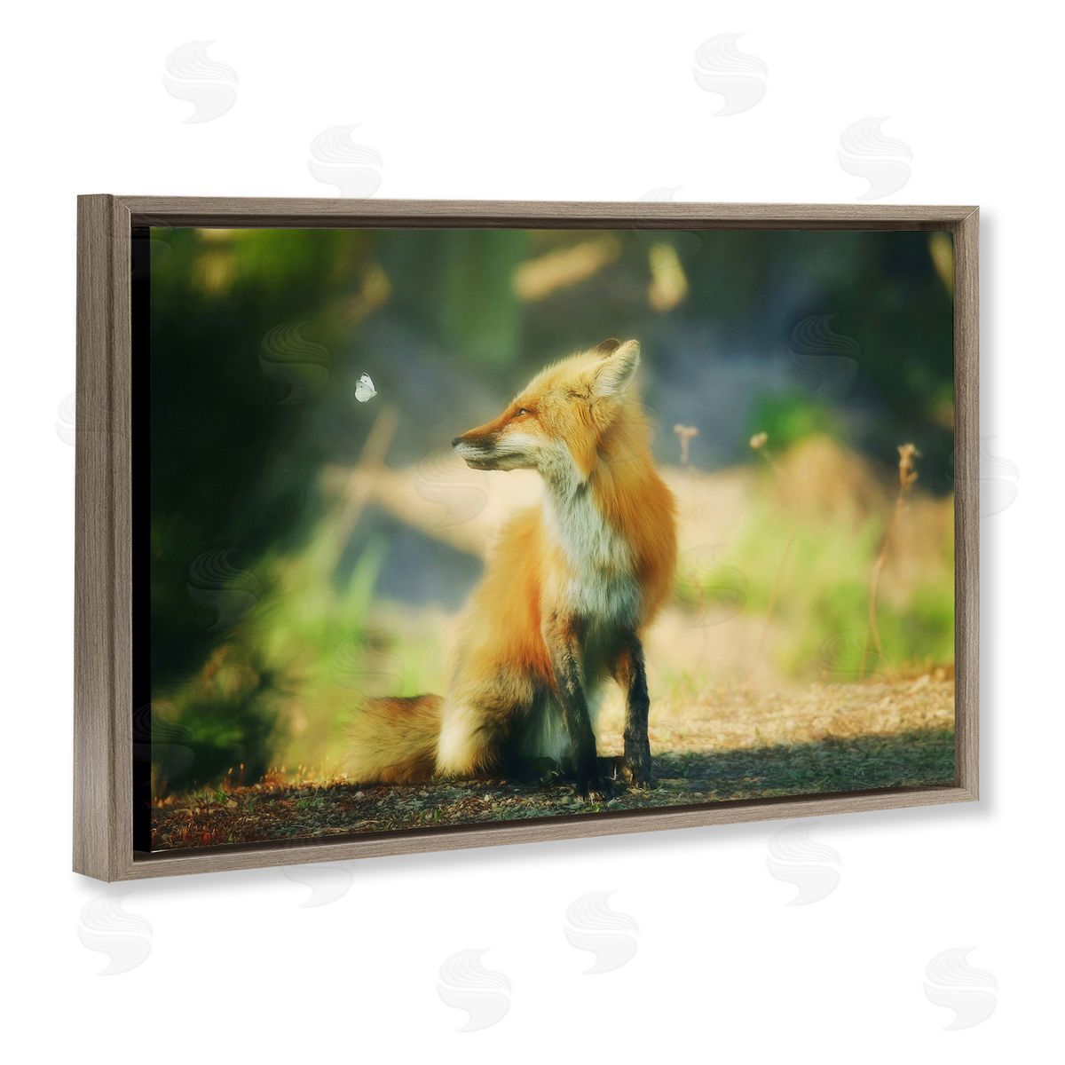 Fox Kit and Butterfly Brown Floating Frame Canvas Wall Art, Home Decor by Carrie Ann Grippo-Pike