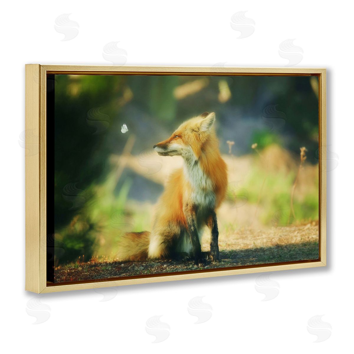 Fox Kit and Butterfly Gold Floating Frame Canvas Wall Art, Home Decor by Carrie Ann Grippo-Pike