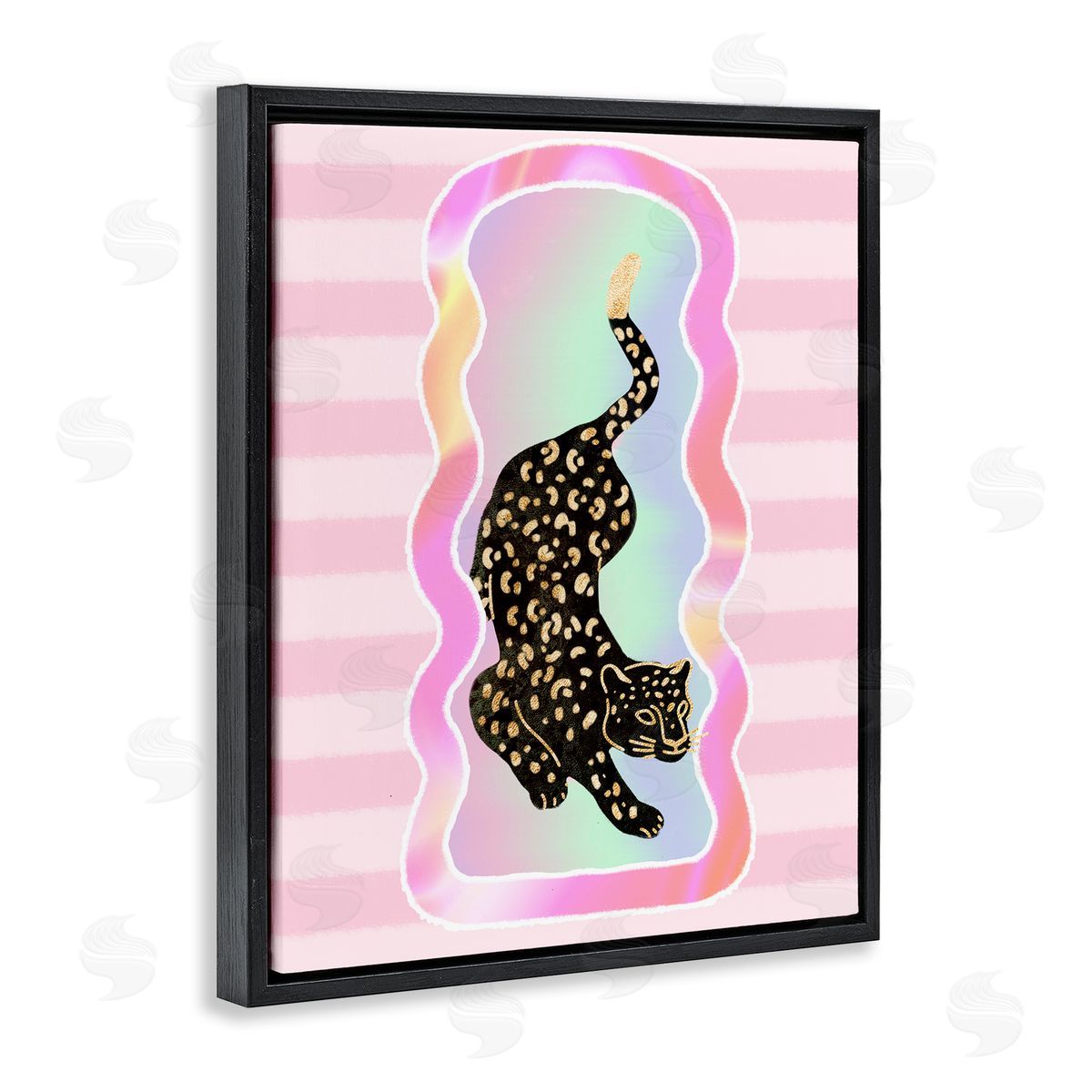 Leopard and Pink Stripes Black Floating Frame Canvas Wall Art, Home Decor by Ziwei Li