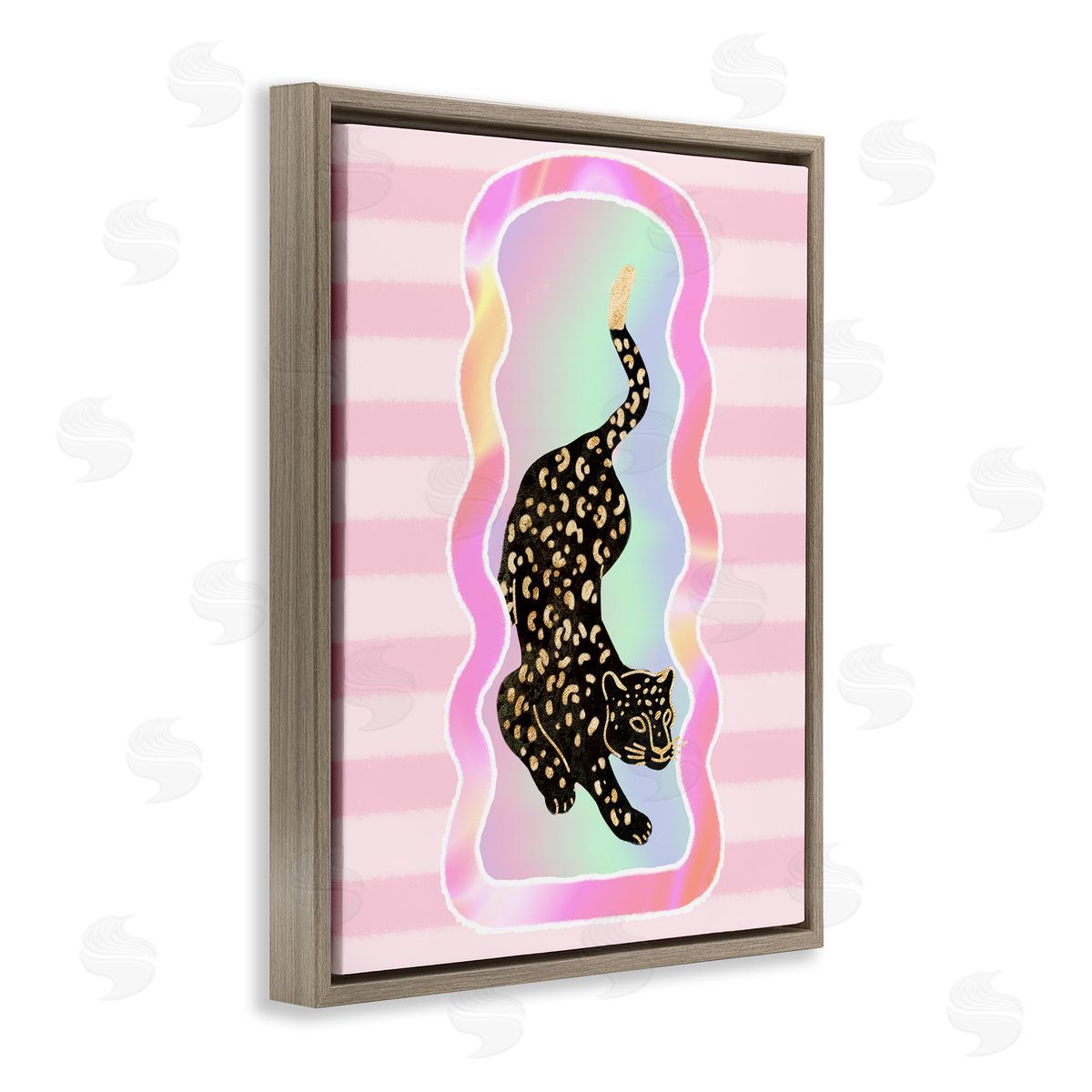 Leopard and Pink Stripes Brown Floating Frame Canvas Wall Art, Home Decor by Ziwei Li