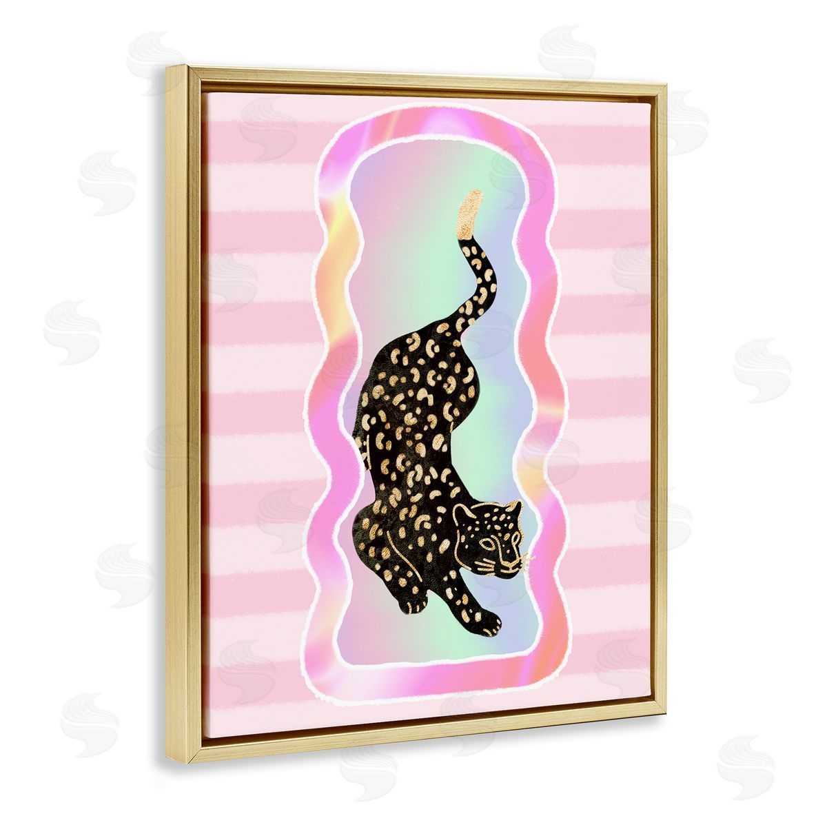 Leopard and Pink Stripes Gold Floating Frame Canvas Wall Art, Home Decor by Ziwei Li