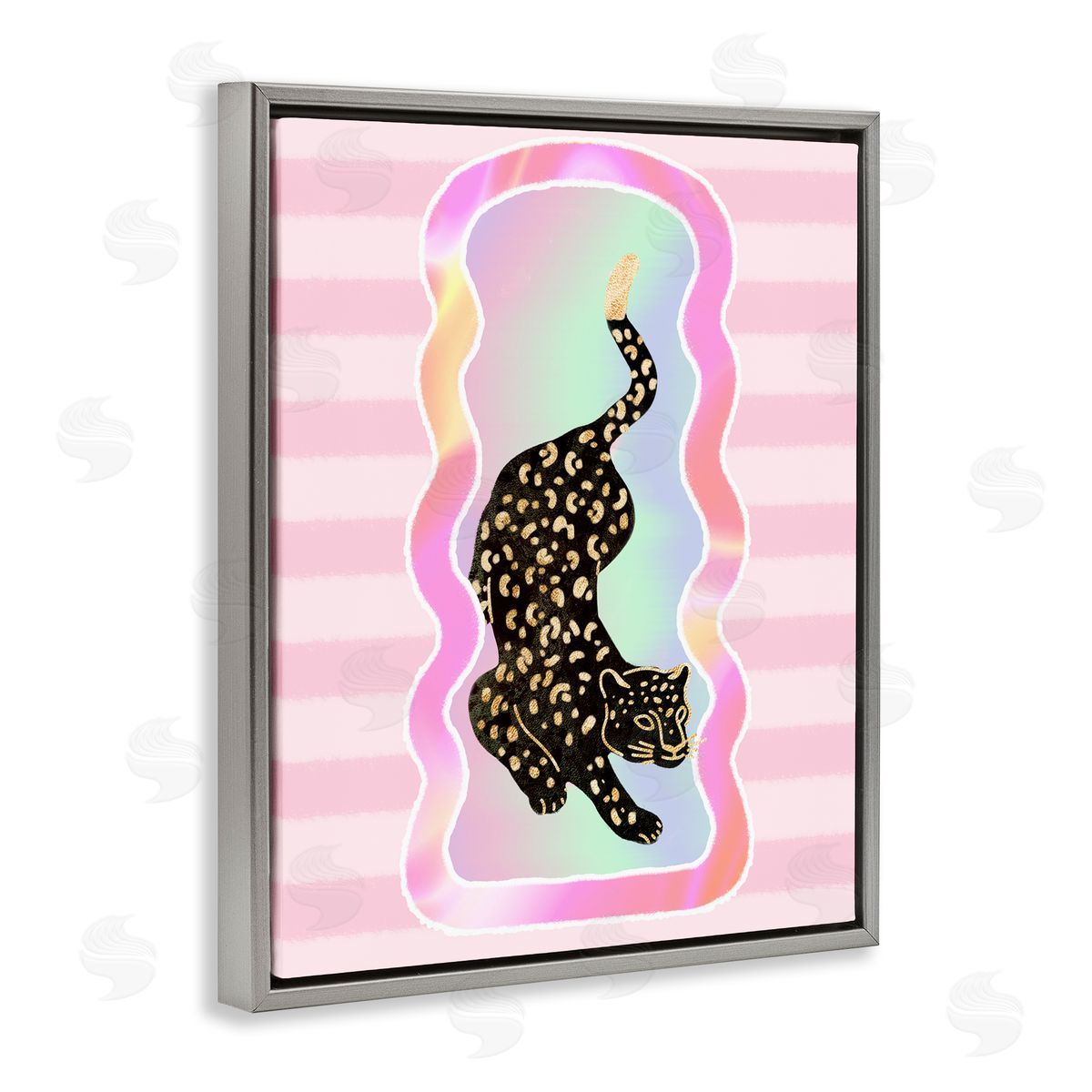 Leopard and Pink Stripes Grey Floating Frame Canvas Wall Art, Home Decor by Ziwei Li