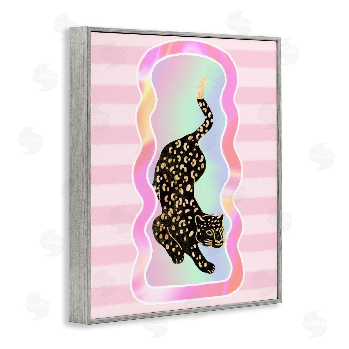 Leopard and Pink Stripes Grey Frame Print Wall Art, Home Decor by Ziwei Li