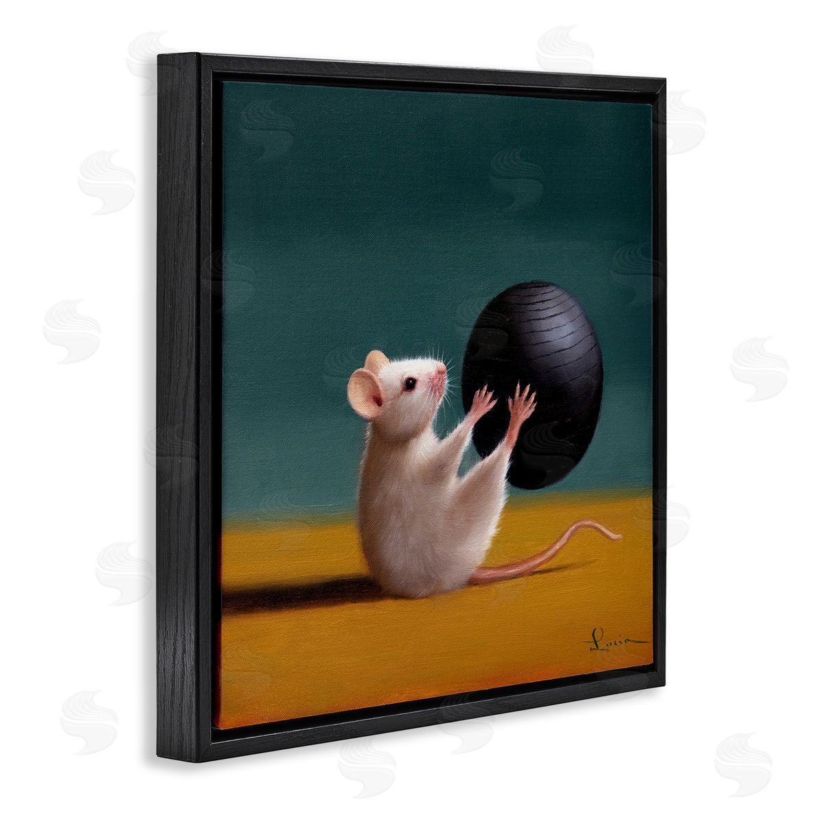 Mouse with Exercise Ball Black Floating Frame Canvas Wall Art, Home Decor by Lucia Heffernan