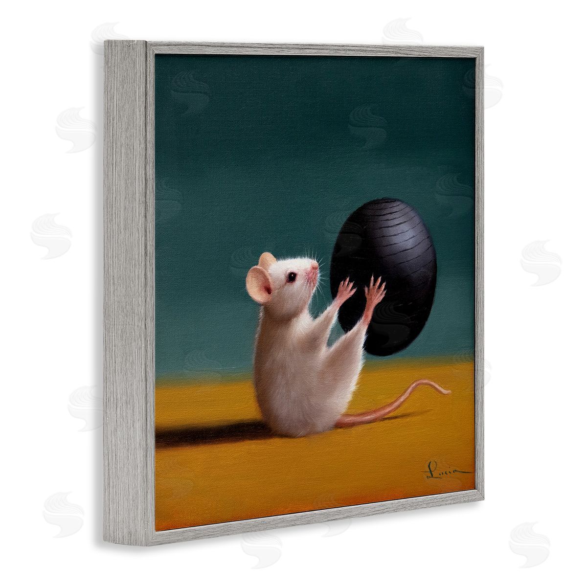 Mouse with Exercise Ball Grey Frame Print Wall Art, Home Decor by Lucia Heffernan