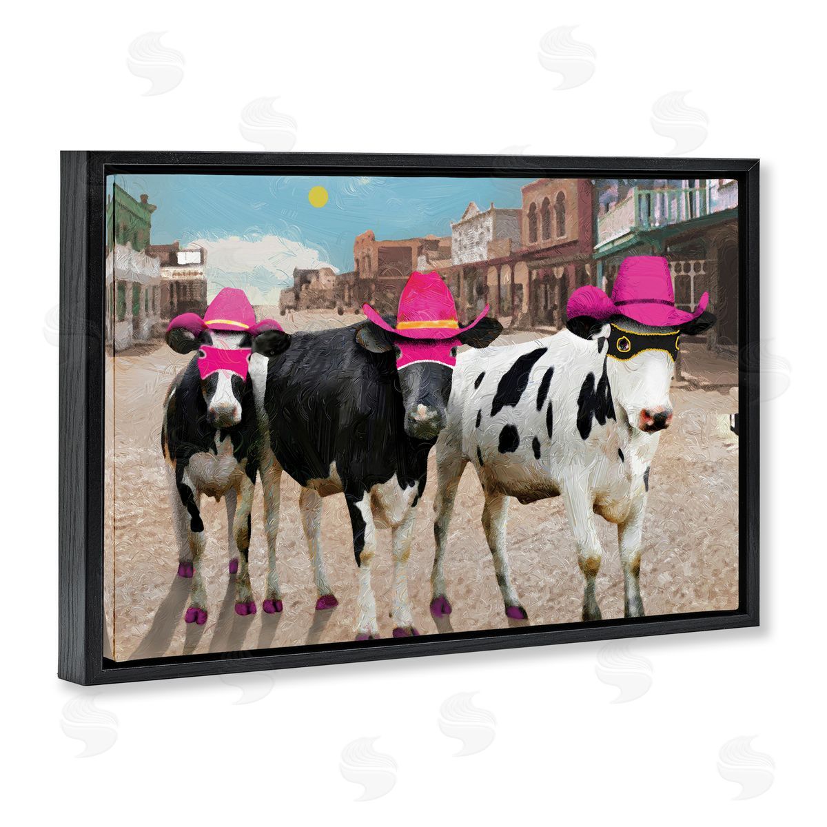 Superhero Cows in Town Black Floating Frame Canvas Wall Art, Home Decor by Porter Hastings