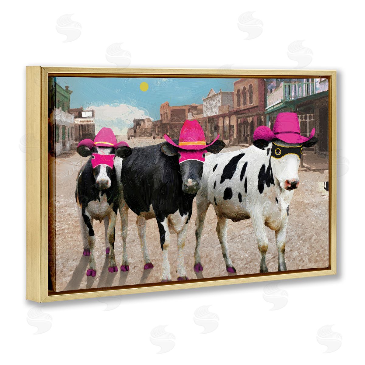 Superhero Cows in Town Gold Floating Frame Canvas Wall Art, Home Decor by Porter Hastings