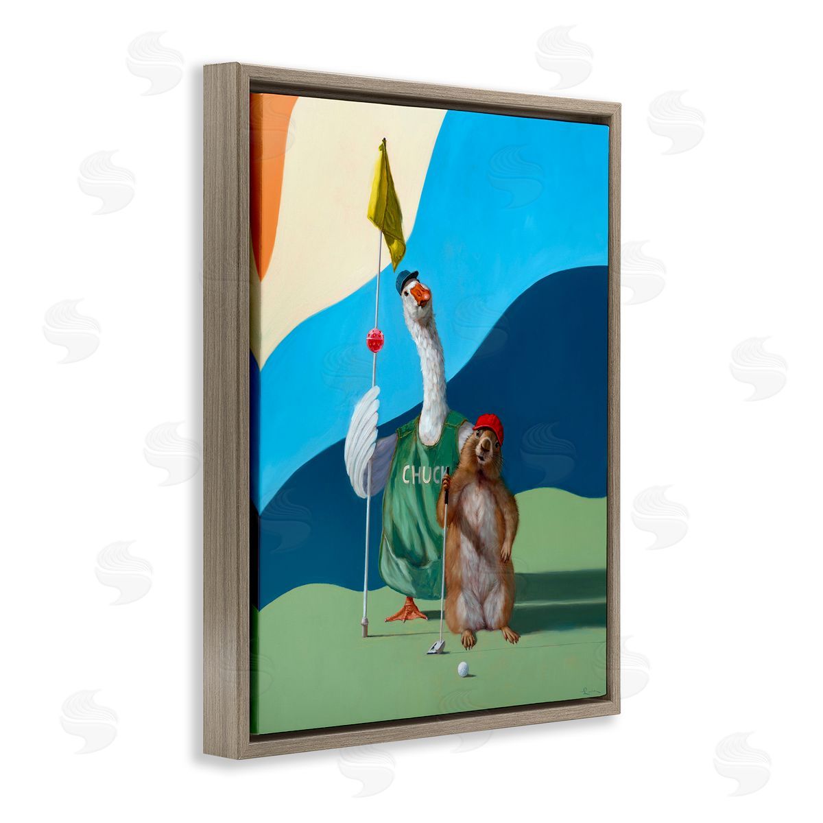 Golfing Goose and Gopher Brown Floating Frame Canvas Wall Art, Home Decor by Lucia Heffernan