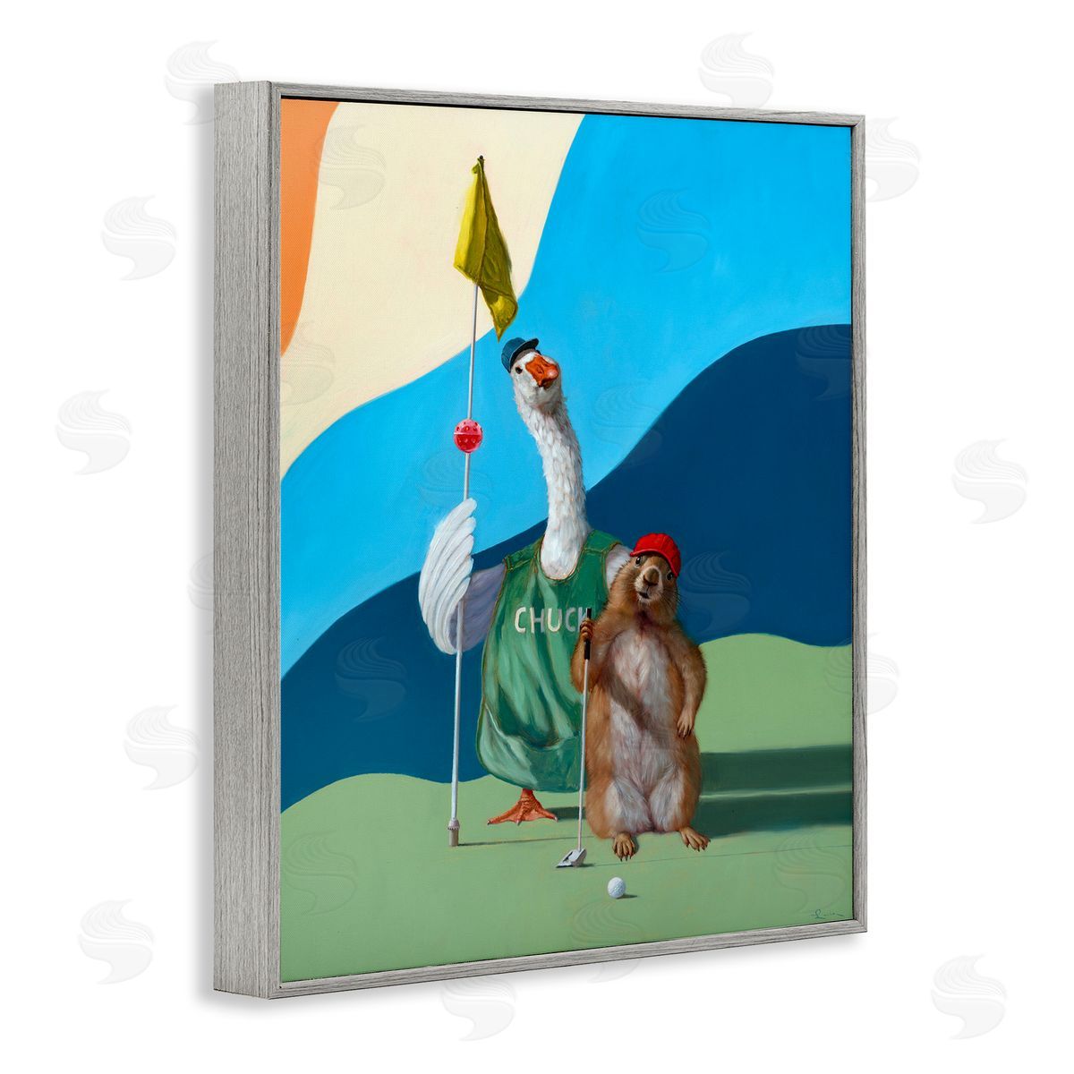 Golfing Goose and Gopher Grey Frame Print Wall Art, Home Decor by Lucia Heffernan