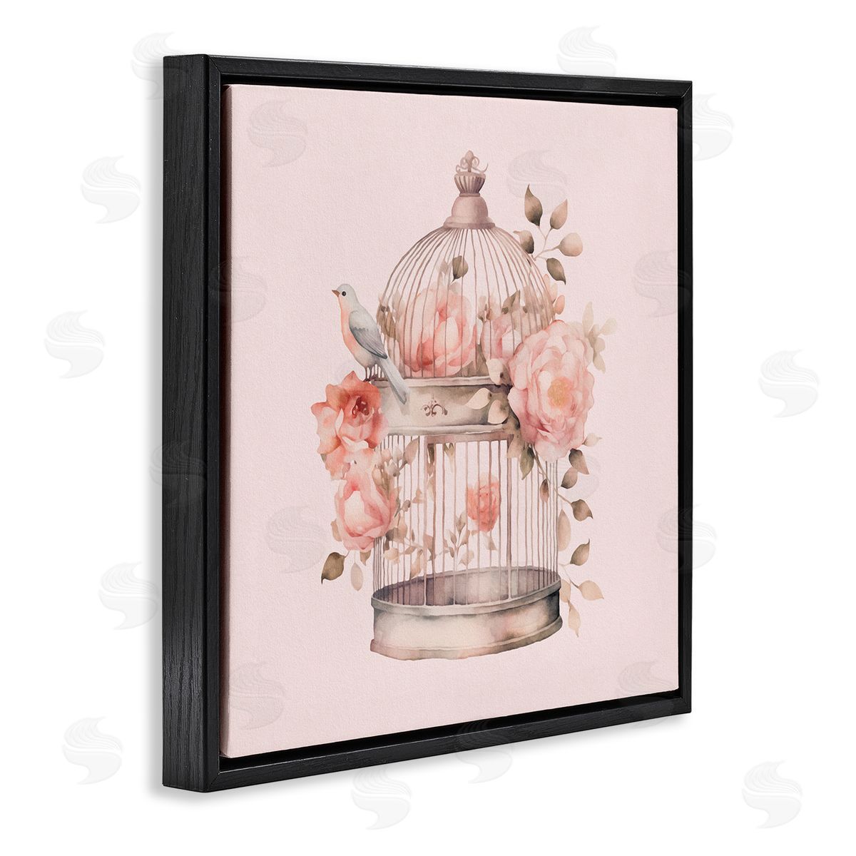 Bird Cage with Rose Blooms Black Floating Frame Canvas Wall Art, Home Decor by Andrea Haase