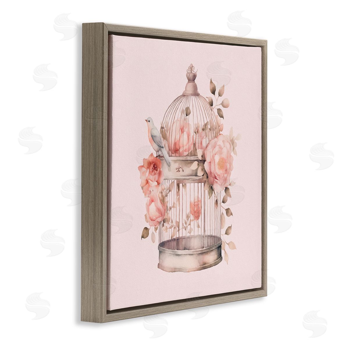 Bird Cage with Rose Blooms Brown Floating Frame Canvas Wall Art, Home Decor by Andrea Haase